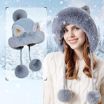 Fluffy Knit Beanie Hats for Women Winter Warm Fleece Lining Skull Cap Plush Faux Fur Pompom Earflaps Snow Hats - color: Grey - B