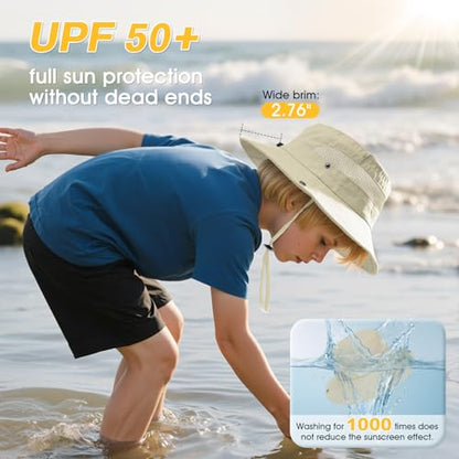 Century Star Outdoor Kids Sun Hat UPF 50+ Quick Dry Adjustable Bucket Hat Windproof Waterproof Beach Fishing Safari Hat - color: Khaki