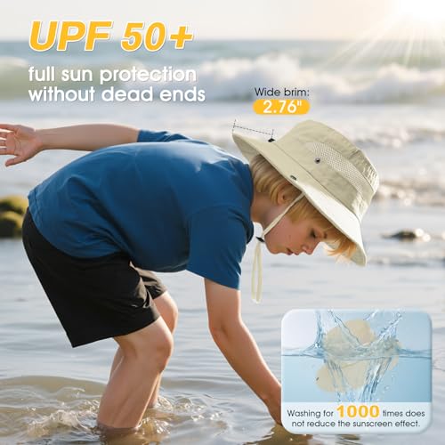 Century Star Outdoor Kids Sun Hat UPF 50+ Quick Dry Adjustable Bucket Hat Windproof Waterproof Beach Fishing Safari Hat - color: 2pcs Khaki & Beige