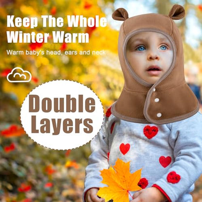 Toddler Winter Hat with Ear Flaps Baby Boy Hats Scarf Girls Balaclava Kids Polar Beanie Bear Neck Warmer - color: Button Khaki, size: 6-60 Months