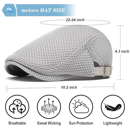 meioro Mens Breathable Mesh Summer Hat Adjustable Flat Cap Newsboy Beret Ivy Cap Irish Cabbie Fishing Hats - color: Lightgrey