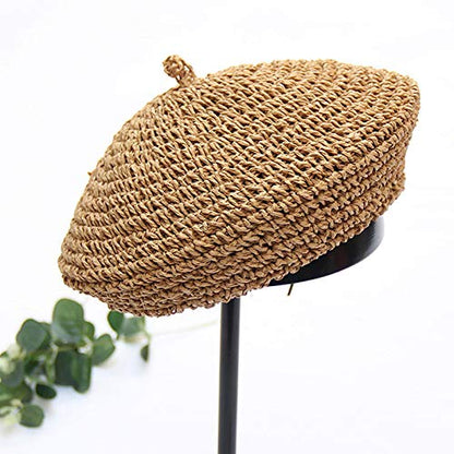 Women Summer Straw Woven Sunhat Classic Beret Artist Painter Sun Hat Cap - color: Khaki