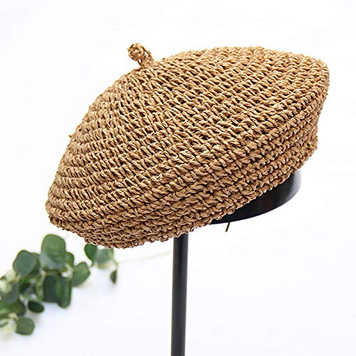 Women Summer Straw Woven Sunhat Classic Beret Artist Painter Sun Hat Cap - color: Khaki