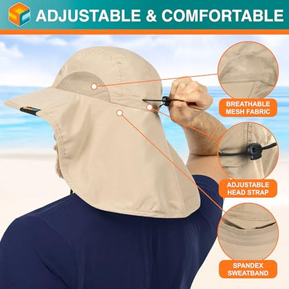 SUN CUBE Wide Brim Sun Hat with Neck Flap for Men Women, UPF50+ Fishing - color: Tan