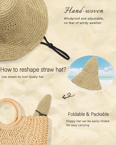Sun Hats for Women, Summer Beach Straw Wide Brim Bucket Hat - color: Light Beige, size: Large