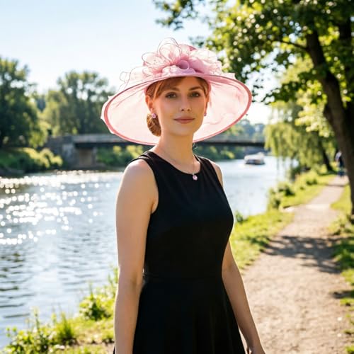 AQOKKA Women Organza Church Fascinators Kentucky Derby Hats for Women and Girls Wedding Flower Tea Party Hat with Wide Brim - color: Pink