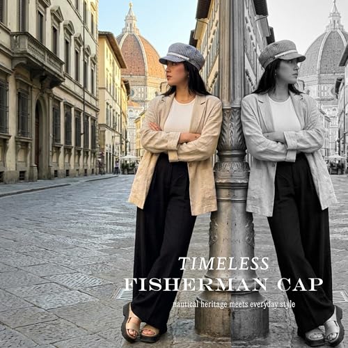 Funky Junque Greek Fisherman Newsboy Cap, Cotton Captains Bakerboy Hat - color: Cotton Pinstripes - Navy