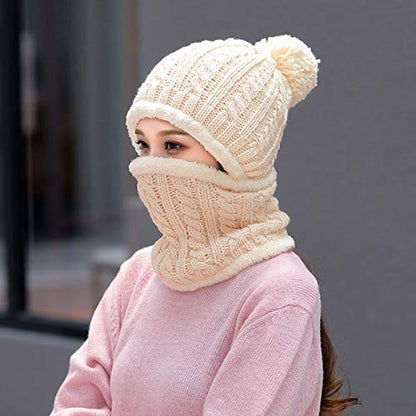 HUAMULAN Women Winter Knit Beanie Hats One Piece Fleece Lined Balaclavas - color: Beige