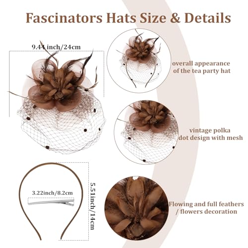 Semato Fascinators Hats for Women Mesh Feathers Elegant Reddish Brown Tea Party Kentucky Hat Derby Headband with Hair Clip - color: Reddish Brown