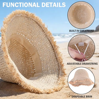 Women's Straw Bucket Sun Hat, Packable Floppy Wide Brim Beach Hat - color: Beige