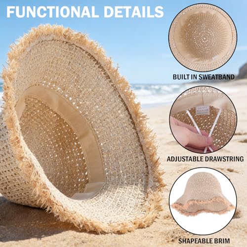 Women's Straw Bucket Sun Hat, Packable Floppy Wide Brim Beach Hat - color: Beige