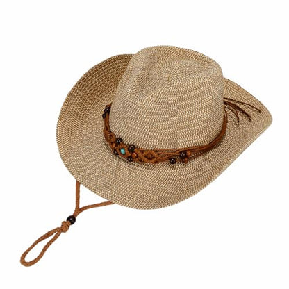 Women/Men Straw Cowboy Hat Wide Brim Sun Beach Cowgirl Hat Summer Western Cowboy for Travel Outdoor Family - color: Khaki W