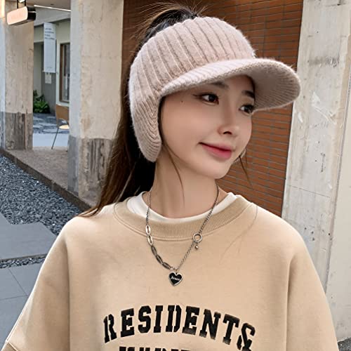 Open Beanie with Earflaps Visor Brim Bun Ponytail Winter Golf Tennis Hats Women - color: Oatmeal