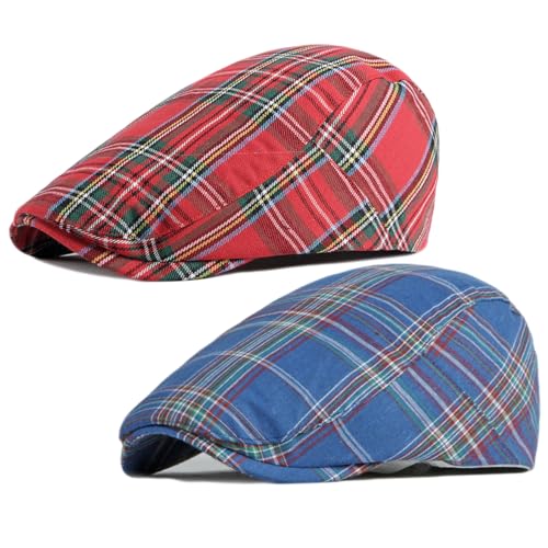 2 Pack Mens Newsboy Flat Cap Plaid Ivy Gatsby Cabbie Driving Golf Hat Beret - color: 2 Pcs Set I