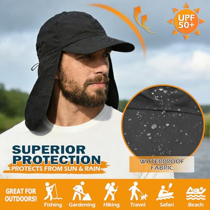 Baseball Sun Cap with Neck Flap, UPF 50+ Waterproof Sun Hat for Men Women - color: Black