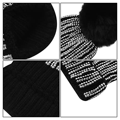 Women Sparkly Sequins Knitted Beanie Hat Warm Winter Skull Cap with Faux Fur Pom Pom - color: Black Rhinestone