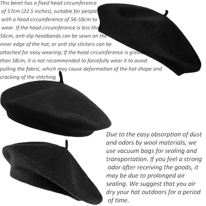 Womens Wool French Beret Chic Solid Beanie Hat Stretchable Classic Beret - color: Solid Black