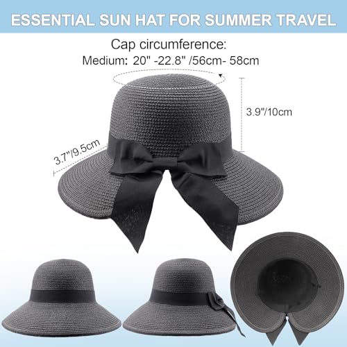 DRESHOW Sun Hats for Women Travel Fedora Foldable Beach Sun Hat Summer Wide Brim Straw Bucket Hat with Bowknot UPF 50+ - color: 1 Pack Bowknot Straw Hat: Black