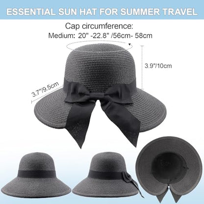 DRESHOW Sun Hats for Women Travel Fedora Foldable Beach Sun Hat Summer Wide Brim Straw Bucket Hat with Bowknot UPF 50+ - color: 1 Pack Bowknot Straw Hat: Black