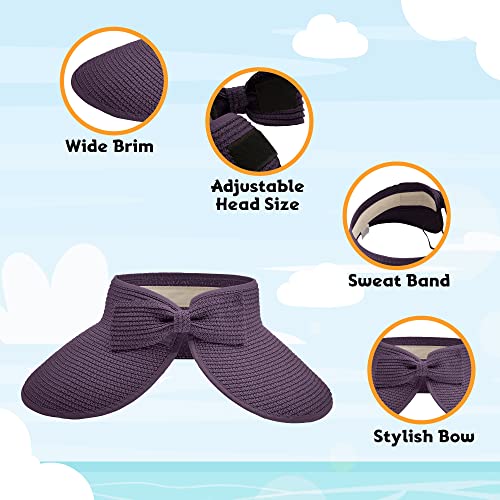 Straw Sun Visor for Women, Wide Brim UPF 50+ Protection Beach Hat, Adjustable, Roll Up Foldable Ponytail Cap with Chin Strap - color: Purple