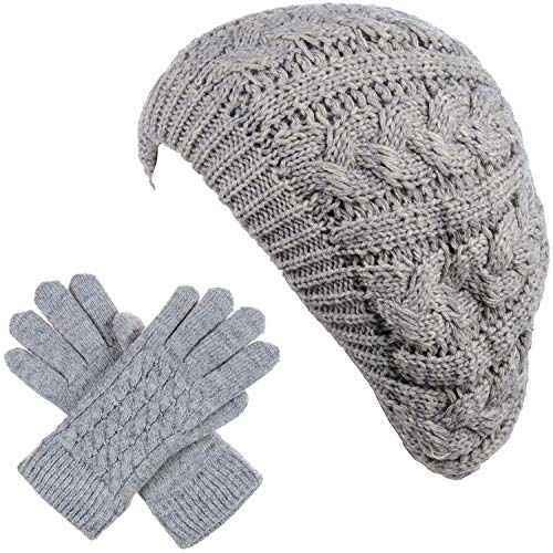 BYOS Womens Winter Cozy Cable Fleece Lined Knit Beret Beanie Hat (Set Available) - color: Heather Gray Hat Gloves Set