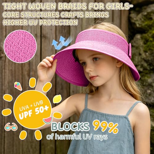Girls Sun Visor Hat with Ponytail Hole Wide Brim Beach Straw Visor UPF 50+ - color: 1pack-rose