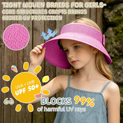 Girls Sun Visor Hat with Ponytail Hole Wide Brim Beach Straw Visor UPF 50+ - color: 1pack-rose
