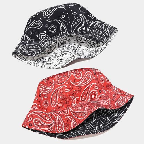Quanhaigou Bucket Hats Unisex Summer Travel Beach Fisherman Cap for Men Women Teens - color: Red Black Paisley