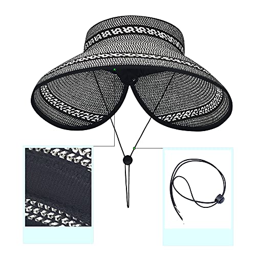 Women Sun Visors Foldable Straw Hats Summer Beach Packable Hat Floppy Wide Brim Cap Deep Style, Adjustable Size - color: Black Mix