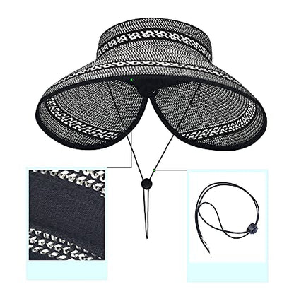 Women Sun Visors Foldable Straw Hats Summer Beach Packable Hat Floppy Wide Brim Cap Deep Style, Adjustable Size - color: Black Mix