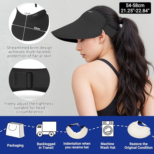 Sukeen Wide Brim Sun Visor Hat for Women,UPF50+ Seamless Sun Hats Lightweight Sports Cap Foldable Ponytail Hat for Outdoor - color: Black