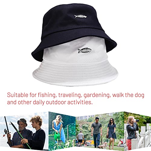 Cotton Bucket Hat for Women Men Summer Travel Sun Beach Bucket Cap, Unisex Outdoor Fisherman Hat - color: Fish Bones Black