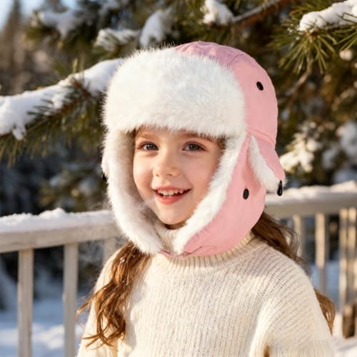 Kids Winter Trapper Hat Toddler Outdoor Warm Windproof Ushanka Aviator Hat Sherpa Fleece Lined Ski Cap for Boys Girls 1T-8T - color: Pink, size: 5-8 Years