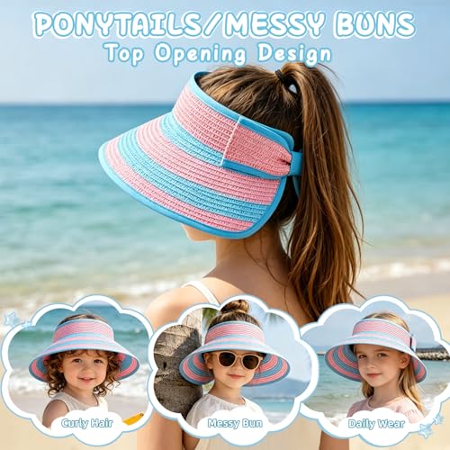 Girls Sun Visor Hat with Ponytail Hole Wide Brim Beach Straw Visor UPF 50+ - color: 1pack-sea Blue Pink