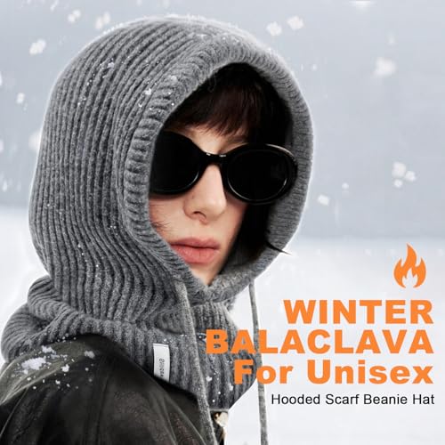 Stilldawn Hooded Scarf Beanie for Women&Men,Balaclava Winter Hat,Knit Skull Cap Neck Gaiter,Warm Premium Polyester Scarf Hat - color: Dark Grey