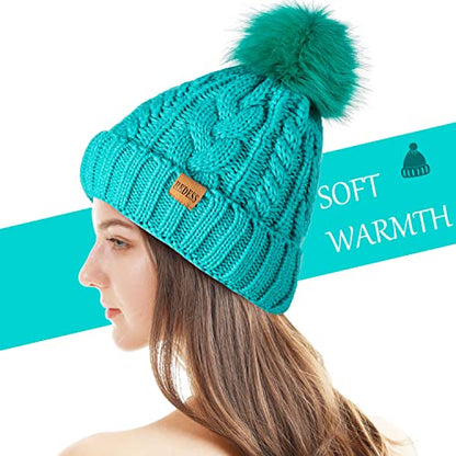 REDESS Women Winter Pompom Beanie Hat with Warm Fleece Lined Thick Slouchy Snow Knit Hat Skull Ski Cap - color: Mint Green