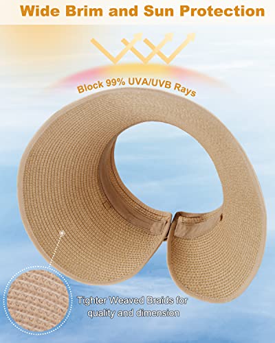 MAYLISACC Foldable Straw Sun Visors for Women, Sun Protecetion Wide Brim Sun Hats Adjustable Topless Beach Hat - color: Beige (1 Pcs)
