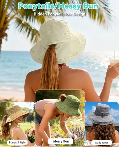 Rosoz Women Sun Hat with Ponytail Hole Wide Brim Bucket Hats UPF 50+ Beach Hiking Gardening Hat Water-Resistant Outdoot Hat - color: Light Grey