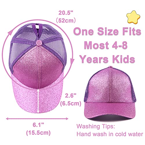 Zsedrut Girls Glitter Baseball Cap Kids Adjustable Ponytail Hat Toddler Summer Mesh Trucker Hats - color: Purple