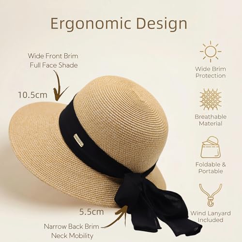 Packable Floppy Sun Hat for Women, Wide Brim Foldable Beach Hat with Soft Sweatband for Sun Protection, Travel & Summer - color: Mix Caramel-black