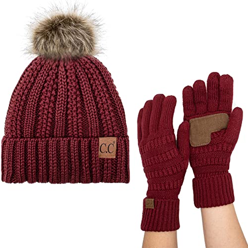 C.C Pom Cable Knit Beanie and Glove Set - color: Burgundy
