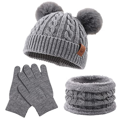 Yuoahcn Kids Winter Beanie Hat Scarf Gloves Set Knit Warm Toddler Winter Cap Gloves Neck Warmer for Boys Girls 1-8 Year - color: Grey