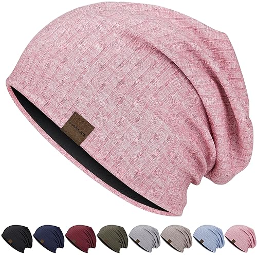 HAMUNI Slouchy Beanie for Men Women Soft Lightweight Chemo Headwear - color: Peach Pink