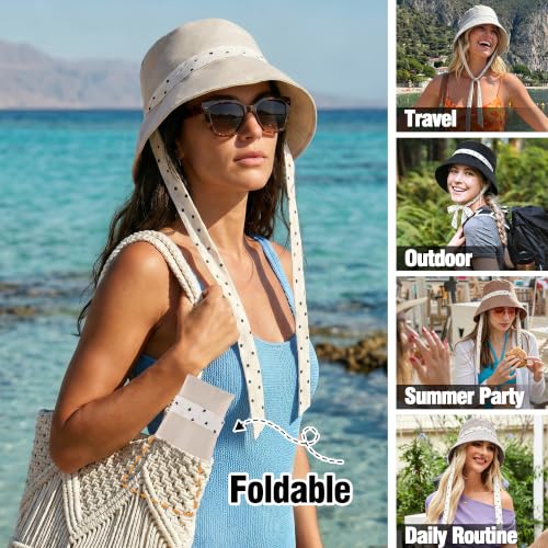 Babalet Linen Blend Sun Hat for Women Wide Brim Beach Bucket Hat - color: Beige- Ponytail Opening