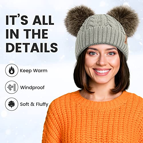 Arctic Paw Pom Pom Beanie Cable Knit Fleece Lined Winter Beanie Women Hat - color: Light Grey