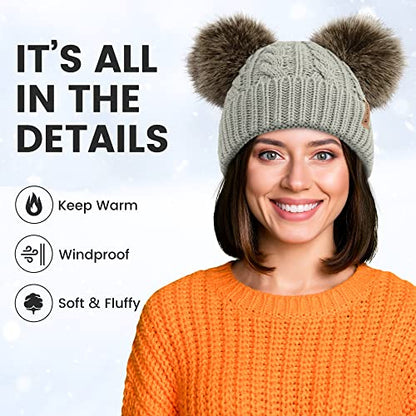 Arctic Paw Pom Pom Beanie Cable Knit Fleece Lined Winter Beanie Women Hat - color: Light Grey