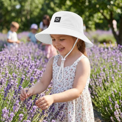 Kids Sun Hat Smile Face Bucket Hat Toddler Hat Wide Brim Adjustable Strap - color: White+blue, size: 3-8T