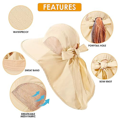 Womens Sun Hat UV Protection, Foldable Waterproof Wide Brim Bucket Hats with Neck Flap for Summer Beach Fishing Hiking - color: Beige