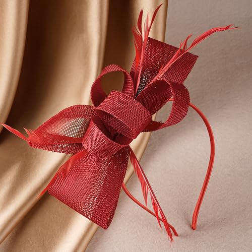 Zinniday Victoria Tea Party Hat - 2025 Bow Derby Attire Hats with Hairpin,1920s 50s Feather Fascinators for Women - color: Red