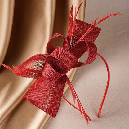 Zinniday Victoria Tea Party Hat - 2025 Bow Derby Attire Hats with Hairpin,1920s 50s Feather Fascinators for Women - color: Red